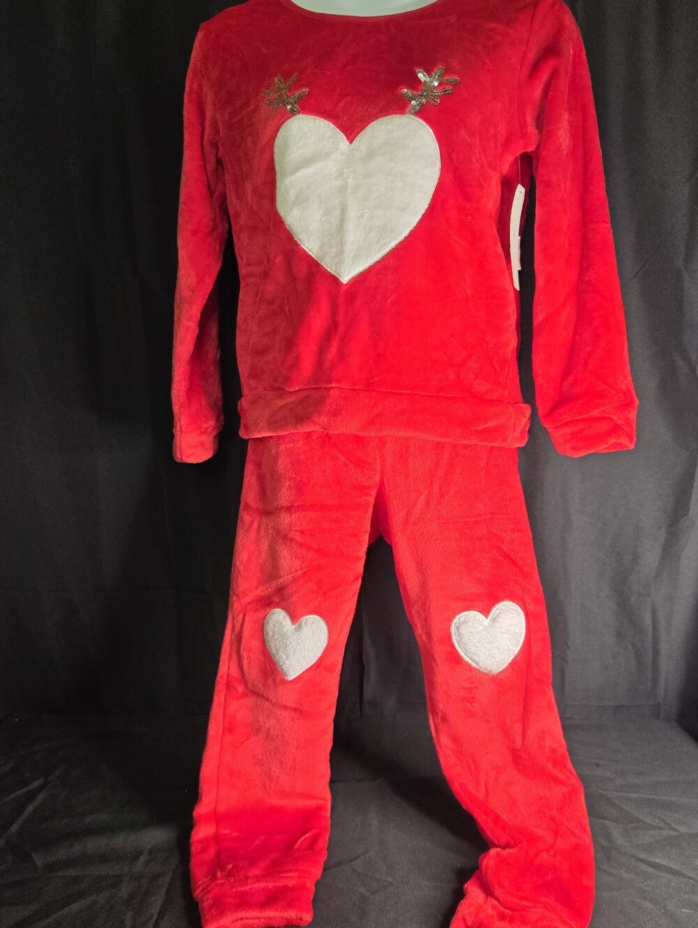 Two-piece Long Sleeve Plush Jogger Set Heart With Sequin Antlers
